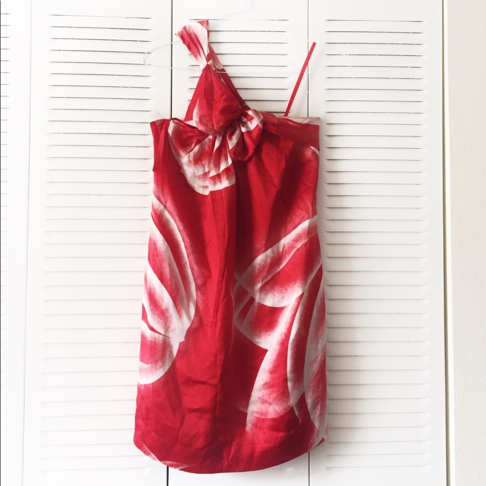 BCBGMAXAZRIA Scarf Print Dress Bow One Shoulder